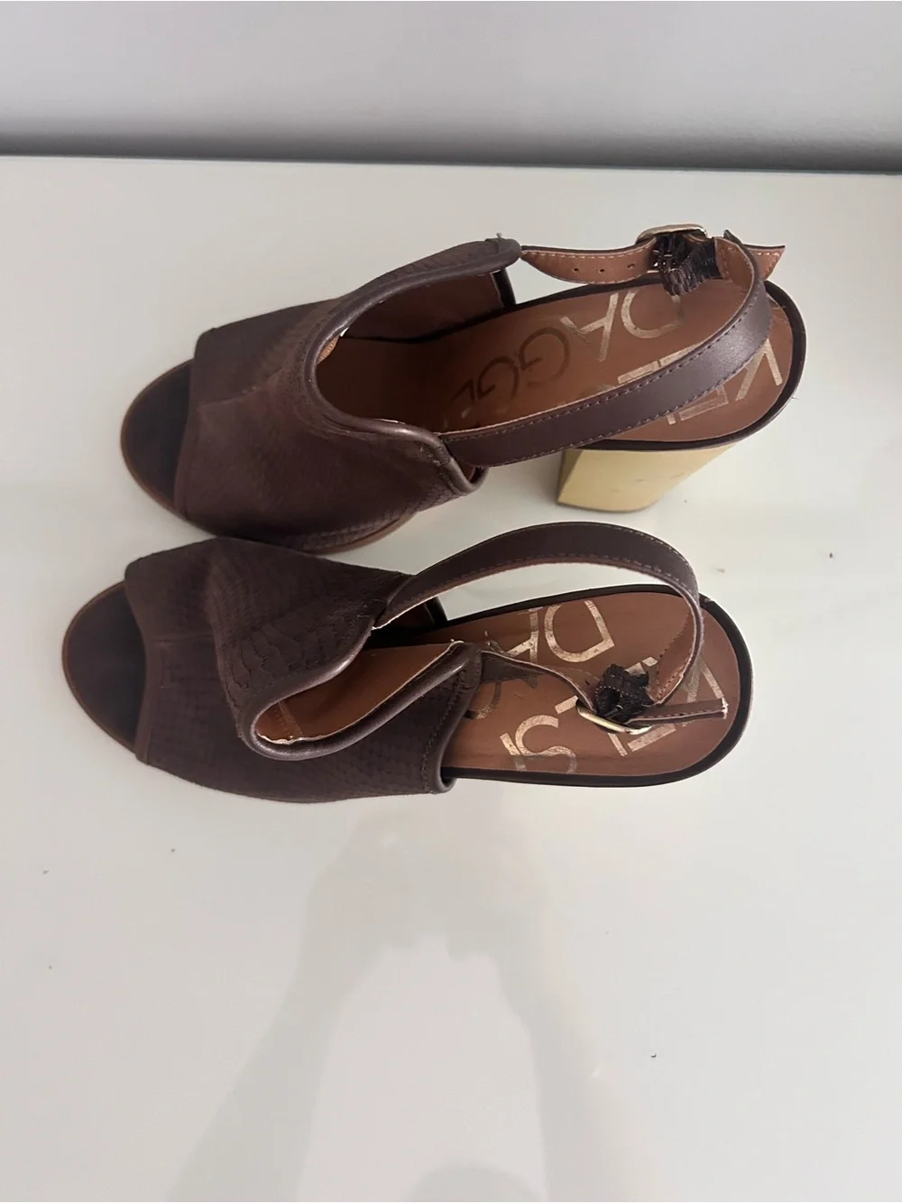 Kelsi Dagger Brown Slingback Heels with Gold Block Heel